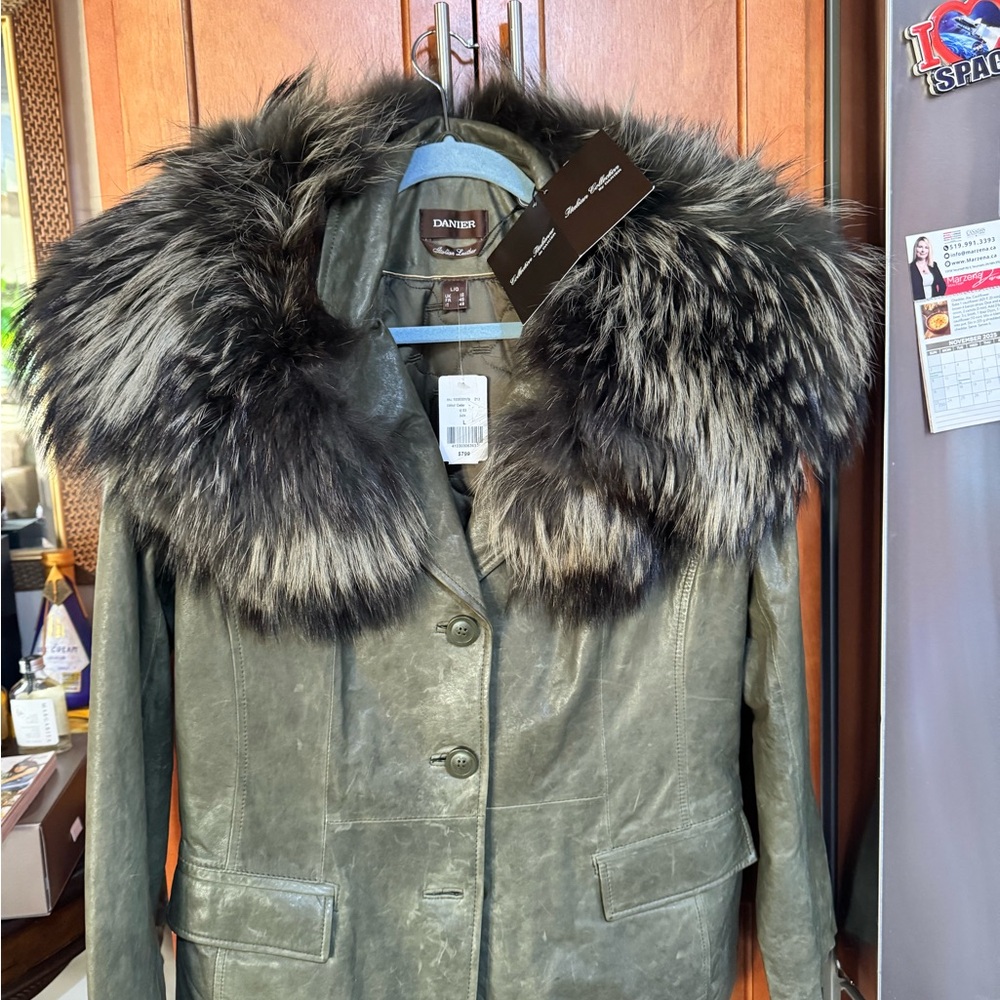 Danier Olive Leather Jacket with Faux Fur Trim
